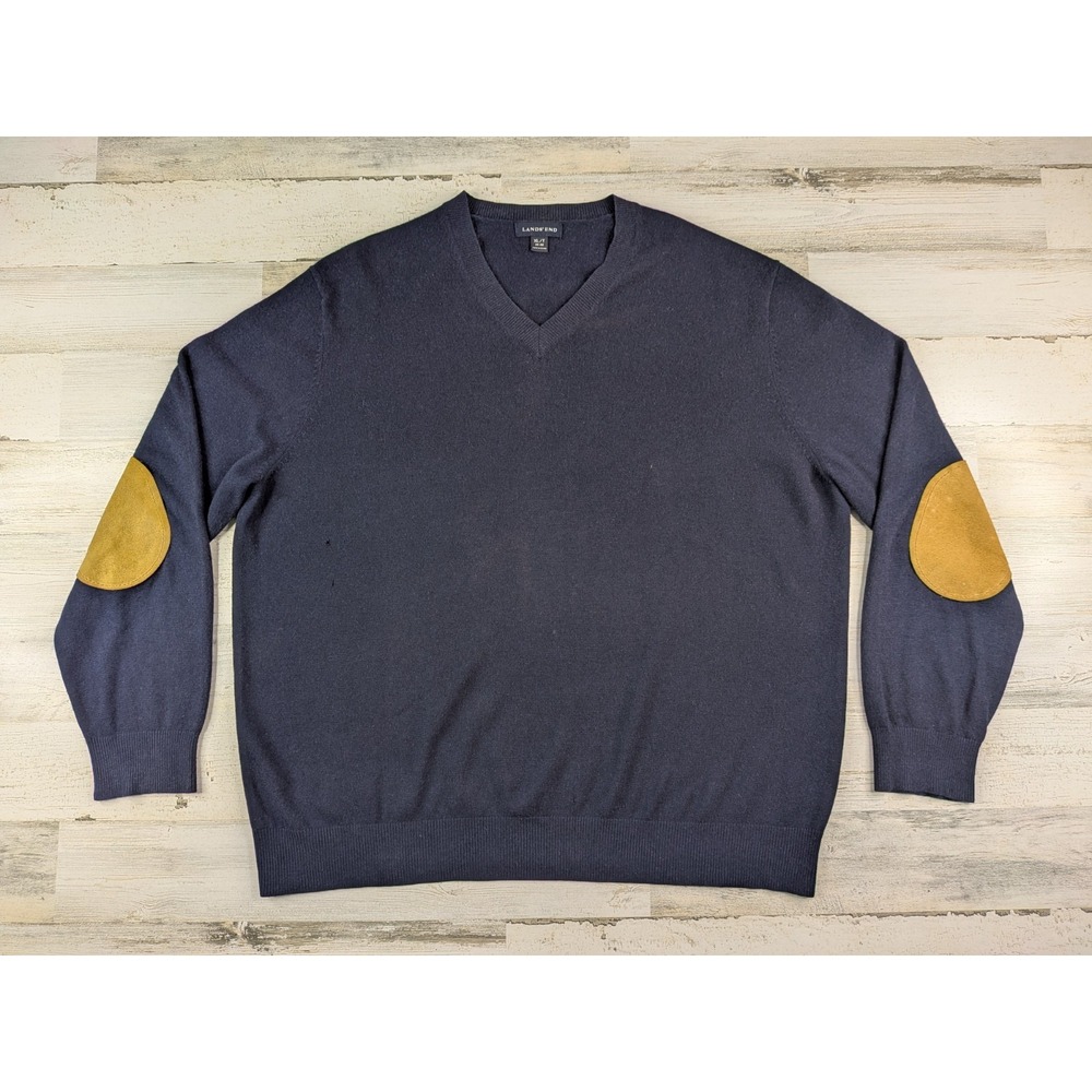 Lands' End Mens XLT Navy Cashmere V-Neck Sweater Elbow Patches 46-48 Pullover
